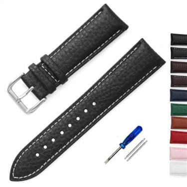 Imagem de XLCZMYL Pulseira de couro de grão lichia de 12 mm, 14 mm, 16 mm, 18 mm, 20 mm, 22 mm, acessórios de reposição para relógio masculino e feminino, preto (linha branca), 20 mm