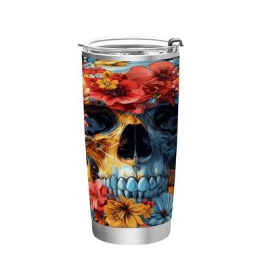 Imagem de STAYTOP Lindo copo de aço inoxidável de caveira de flor de 590 ml, copo de café isolado com tampa e canudo, caneca de café de viagem de parede dupla para bebidas quentes e frias