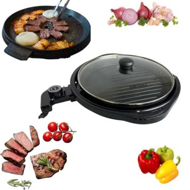 Imagem de Grill Elétrico Redondo Premium com Termostato, 1200W, 40cm, Preto, Alumínio, Revestimento Antiaderente, 127V Carnes Hamburguer Grelhados Legumes Apartamento Balcão Camping