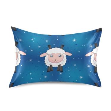 Imagem de Fronhas de cetim fofas refrescantes personalizadas padrão Queen King fronhas cama presentes de vida saudável tamanho Queen 76.2 cm x 50.8 cm Cute Sheep Stars Blue Cartoon