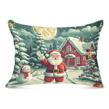 Imagem de Capa de almofada decorativa de Natal Papai Noel boneco de neve com zíper para travesseiro padrão Queen King fronha fofa para sofá de cama de casa, tamanho king, 50,8 cm x 101,6 cm
