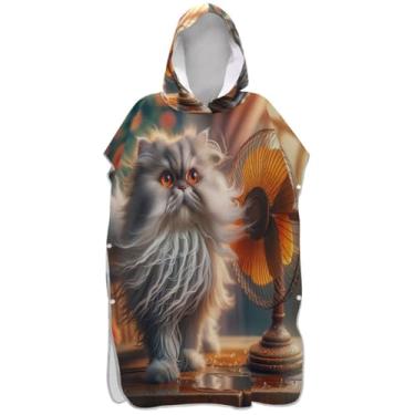 Imagem de Joisal Roupão fofo engraçado gato surfe trocador para Adul Plus Size ponchos femininos com capuz impressão toalha de praia com capuz