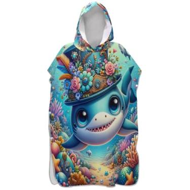 Imagem de Joisal Poncho de surfe trocador de roupão adultos praia banho com capuz toalhas reutilizáveis brincalhão fofo desenho animado tubarão adulto ponchos para mulheres