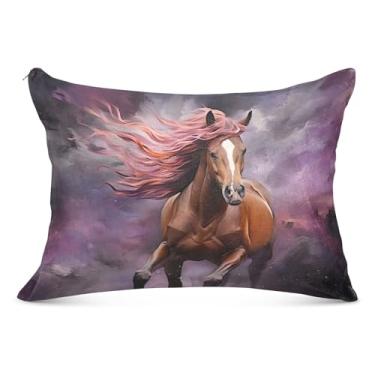 Imagem de Capas de travesseiro decorativas grandes com cavalo vermelho roxo grande flanela longa capa de travesseiro padrão King Queen, tamanho do corpo, 53 cm x 137 cm