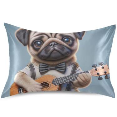 Imagem de Capa de almofada de cetim para cachorrinho ukulele Pug Dog Capa de almofada refrescante estampa divertida padrão Queen King Presentes de cama confortáveis, tamanho Queen, 76 cm x 50 cm