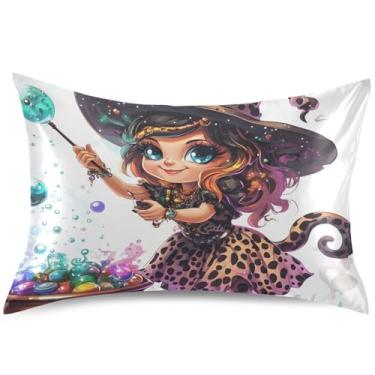 Imagem de Linda capa de almofada de cetim de bruxa de desenho animado para dia das bruxas, capa de travesseiro padrão King Queen, tamanho king, 101,6 cm x 50,8 cm