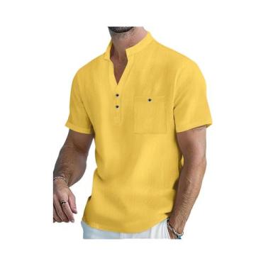 Imagem de Camisa Masculina De Algodão E Linho De Manga Curta Com Gola Alta E Pla