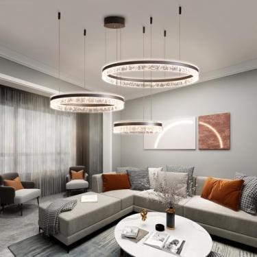 Imagem de Lustre moderno de alumínio com LED dimerizável e controle remoto, aro marrom, elegante, luminária pendente grande para sala de estar, luminária de teto ajustável redonda de acrílico para res