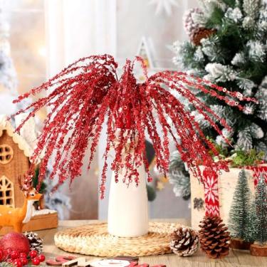 Imagem de Canlierr 6 palhetas e sprays de Natal com glitter vermelho, 60 cm, lantejoulas artificiais, galhos, hastes, ornamentos decorativos de salgueiro para árvore de Natal, faça você mesmo, grinalda
