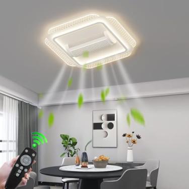 Imagem de Ventilador de teto com luz LED, sem pás, silencioso, com controle remoto para iluminação. Ventilador de teto com controle remoto, dimerizável, 90W, criativo, em acrílico, quadrado, com 6 vel