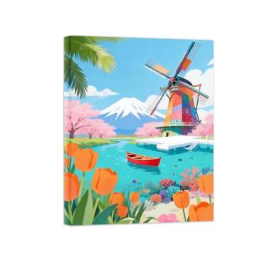 Imagem de Pôster paisagem - Flores primavera moinho vento mar - Impressões em Tela - Imagem Moderna Natureza para Sala de Estar Decoração 50x65cm Tela Embrulhada