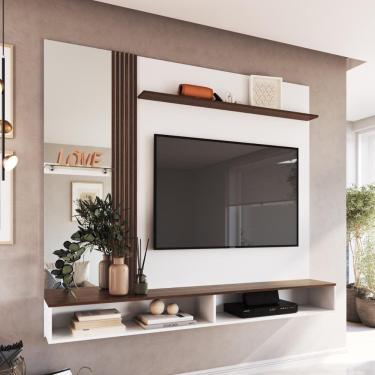 Imagem de Painel Para TV Sala Quarto Até 50 Polegadas 160cm Branco Marrom Com Espelho Nichos Prateleira Vidro