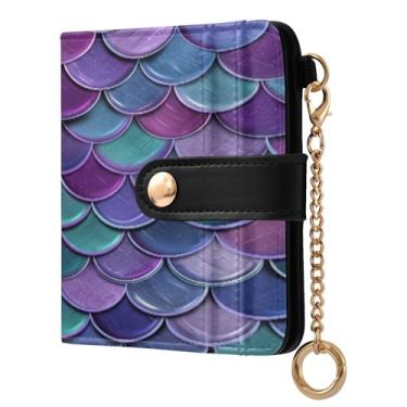 Imagem de STAYTOP Linda carteira feminina colorida com escamas de sereia com bloqueio de RFID, de couro macio, dobrável e compacta, porta-cartões com zíper, bolso para moedas, janela para identidade