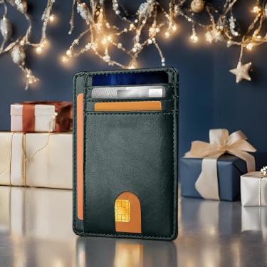 Imagem de Carteira fina para homens e mulheres, bolso frontal minimalista com bloqueio de RFID, porta-cartão de crédito, Cera de óleo - verde escuro (PU), 1 Count (Pack of 1), Slim