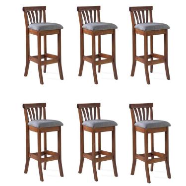 Imagem de Kit 6 Banquetas Alta Bakeri Linho Cinza/Imbuia