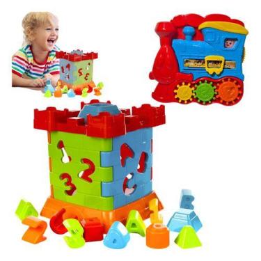 Imagem de Kit 2 Brinquedos Didatico Bebe Castelo Cubo Educativo Peças Geometrica