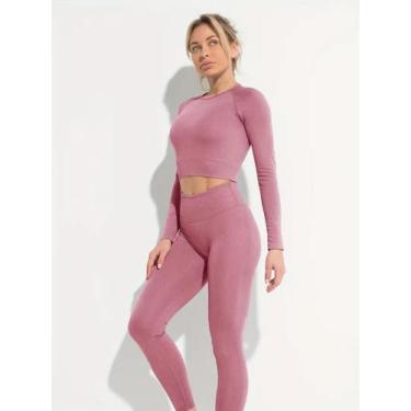 Imagem de Conjunto Feminino de Yoga e Academia Sem Costura cor rosa tamanho P - 