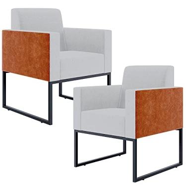 Imagem de Kit 02 Poltronas Decorativas Sala Base fixa Metal Helô L02 Linho Cinza Couríssimo Camel - Lyam Decor
