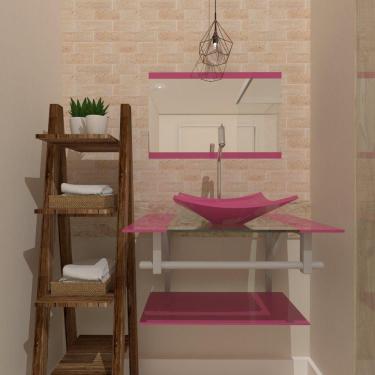 Imagem de Gabinete De Vidro Para Banheiro 60cm Ac Cuba Quadrada Com Sifao E Torneira Metal Cor: rosa