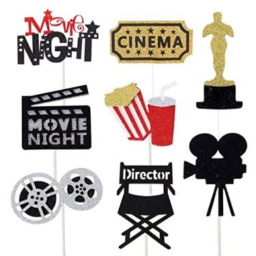 Imagem de Decoração de enfeites de cupcake para noite de filme Hollywood Party Favors Food Picks Supplies Pacote com 24 topos de bolo de filme com glitter