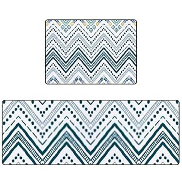 Imagem de Vantaso Tapete de cozinha antifadiga colorido geométrico listrado conjunto de 2 tapetes acolchoados antiderrapantes para cozinha, tapetes de corredor confortáveis