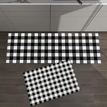 Imagem de Conjunto de 2 tapetes de cozinha de Natal preto branco xadrez xadrez decoração de casa de fazenda para tapetes e tapetes antiderrapantes absorventes corredor confortável tapete de pé