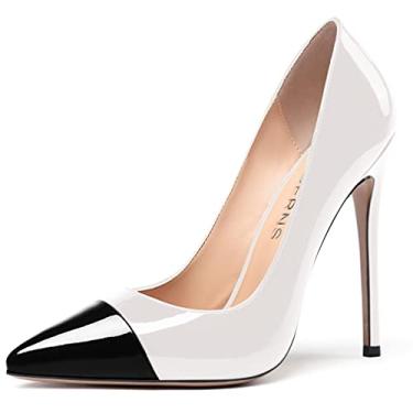 Imagem de WAYDERNS Sapatos femininos de salto alto stiletto de couro envernizado de ponta fina para festas de casamento 4,7 cm, Preto, branco, 10