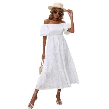 Imagem de Camisa Feminina Off Shoulder Puff Sleeve Ruffle Hem Dress (Color : White, Size : X-Small)