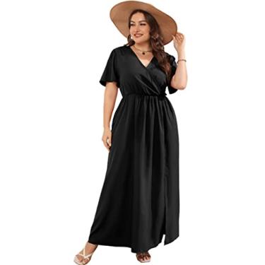 Imagem de KOJOOIN Vestido longo feminino plus size com mangas esvoaçantes, cintura império dividida, evasê, boho, casual, Preto liso, XXG