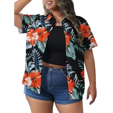 Imagem de HDLTE Camisetas femininas havaianas plus size estampa tropical floral gola V verão blusas de botão 1x-5x, Preto, 1X