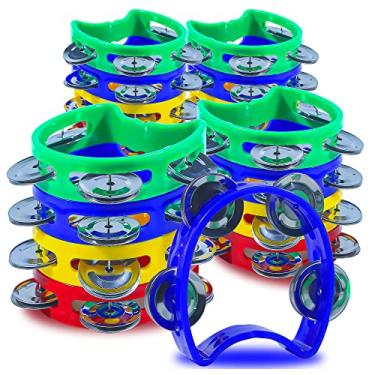 Imagem de YEUIKERR Pacote com 24 pandeiros pequenos, 4 sinos, pandeiros coloridos de plástico, para fazer barulho, pandeiro de percussão de plástico para adultos