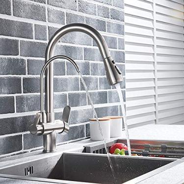 Imagem de Torneira com filtro de água, torneira de cozinha com alça dupla, misturador, rotação de 360 graus, recurso de purificação de água, níquel escovado