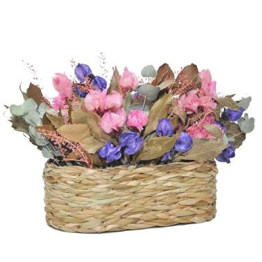 Imagem de Cesto de flores desidratadas em palha rústico para decoração