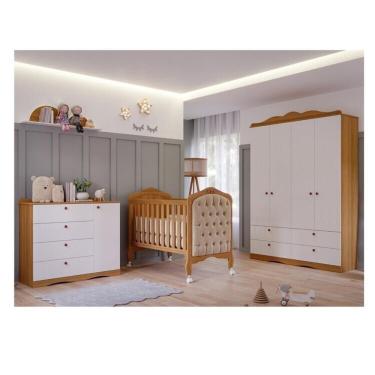 Imagem de Quarto de Bebê 3 Peças com Berço Capitonê Cômoda 4 Gavetas e Guarda-Roupa 4 Pts 4 Gavetas Aquarella Espresso Móveis Nature/Branco