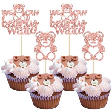 Imagem de Gyufise 24 peças We Can Bearly Wait Toppers de Cupcake Ouro Rosa Glitter Urso Cupcake Picks Decorações de Bolo de Chá de Bebê para Tema de Revelação de Gênero Chá de Bebê Infantil Suprimentos de Festa de Aniversário