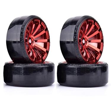 Imagem de RC Plastic Wheel and Tire Set,WONFAST RC Drift Car 63mm Hard Tyres 12mm Hub Wheel for 1/10 On-Road Drifting Car Parts for Traxxas HSP Tamiya HPI Kyosho TT02 (Red)