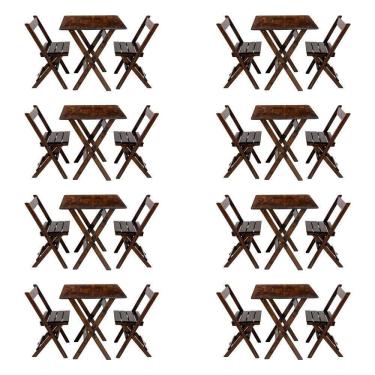 Imagem de Kit 8 Conjuntos Mesa Dobrável Para Bar E Restaurante 60x60cm Com 2 Cadeiras Em Madeira Maciça - Imbu - Marrom