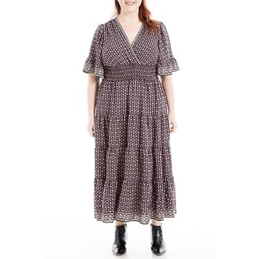 Imagem de Max Studio Vestido longo feminino plus size com manga de sino e cintura franzida, Roxa, 2X