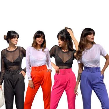 Imagem de KIT 4 Blusas Feminina Tule: manga longa e manga curta preto e branco, 