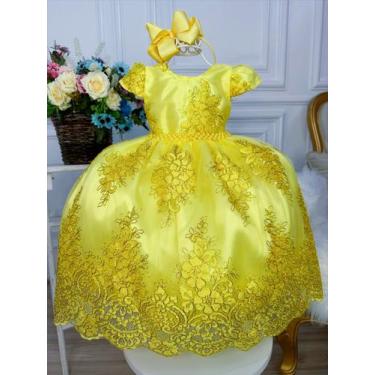 Imagem de Vestido Infantil Amarelo C/ Renda Realeza e Cinto de Pérolas - cleusin