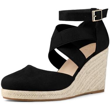 Imagem de Allegra K Sandália feminina espadrille plataforma fechada salto cunha, Preto, 37