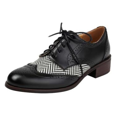 Imagem de rismart Sapato social feminino Oxford com cadarço listrado com bloqueio de cor para escritório, casamento, casual, Preto, 38