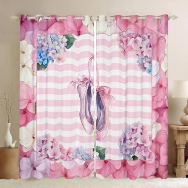 Imagem de Cortinas de janela para sapatos de balé, adolescentes e adultos, cortinas de flores com listras rosa para quarto, cortinas de arte de dança para sala de estar, cortinas de tratamento de janela para