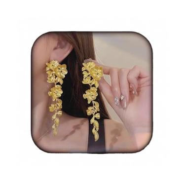 Imagem de Brincos femininos dourados com borla floral grande – Pingente floral de verão feito à mão – Textura ousada e exagerada pendurada em gotas de flores com nervuras modernas – Presente de joia elegante,