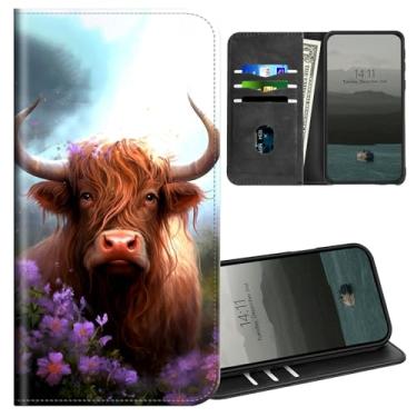 Imagem de BEOTIWAD Capa carteira para Motorola Moto G Play 5G 2024/Moto G 5G 2024 6,6 polegadas com suporte magnético de couro PU capa protetora à prova de choque, vaca com flores roxas