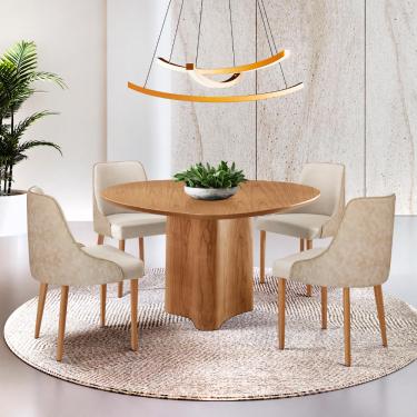 Imagem de Sala de Jantar Mesa Selene 135cm Madeira Tampo Laminado com 4 cadeiras Esmeralda - Linho Off/ Milano/ Imbuia Nat.