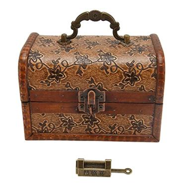 Imagem de Caixa de Armazenamento de Joias de Madeira Artesanal Vintage Akozon Com Fechadura - baú Decorativo de Lembrança de Família, Caixa de Código Secreto, Adereço de Filme para