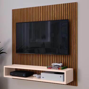 Imagem de Painel Suspenso Com Prateleira TV 32 Polegadas Nicho Para Parede Sala Quarto Escritório Salão Decor (Ripado/Off White)