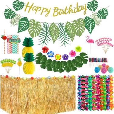 Imagem de Decorações de festa tropicais havaianas – Saia de mesa de grama, faixa de folha, colar Leis, folhas de palma, flores de hibisco, canudos de frutas, topos de bolo de flamingo 3D e abacaxi para artigos de festa de luau