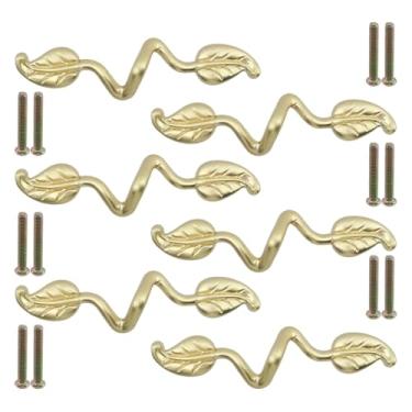 Imagem de Mewutal 6 puxadores de gaveta em forma de folha de 7,6 cm, furo a furo, ramo dourado, puxadores de armário de galhos de 12 cm de comprimento, puxadores de cômoda de liga de zinco para armário de